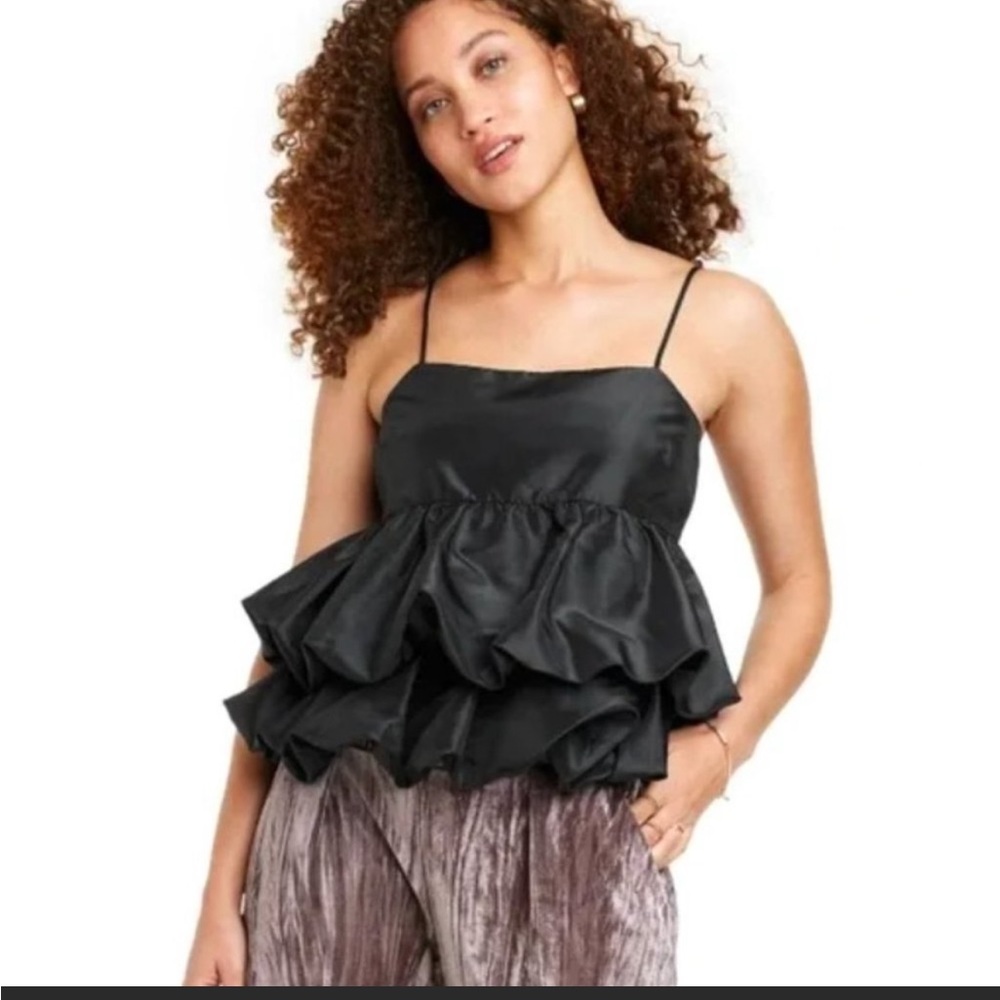 A New Day Black Puffy Peplum Square Neck Top Size Large With Tag